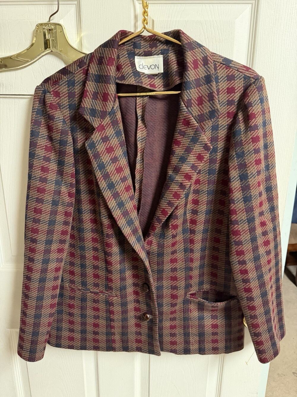 Vnt 70s 80s Checkered Red Blazer Jacket Women Wool Med 40w Colorblock Preppy USA